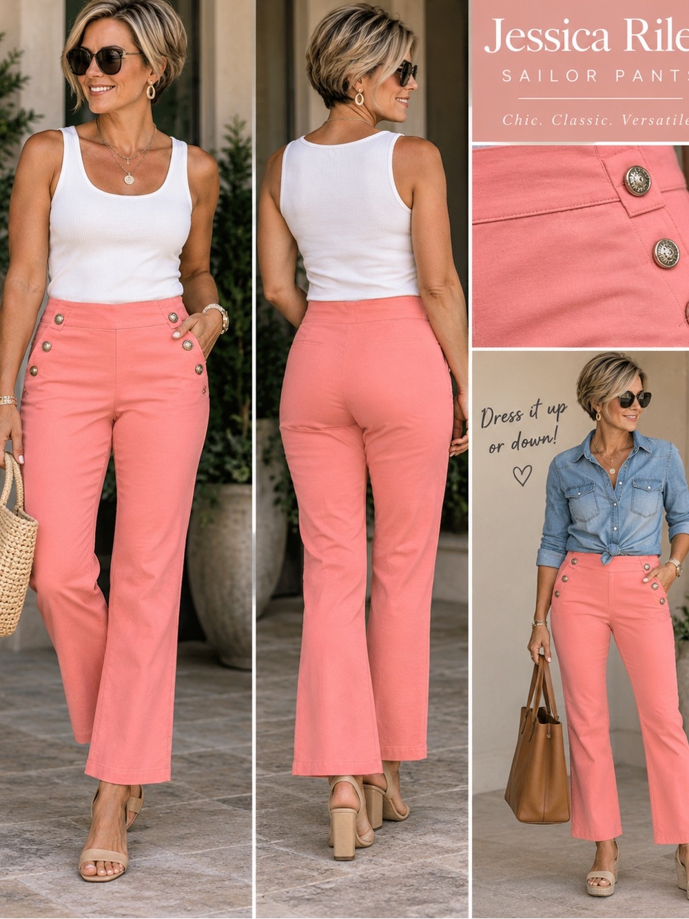 Jessica Coral Wide-Leg Sailor Pants with Gold Buttons